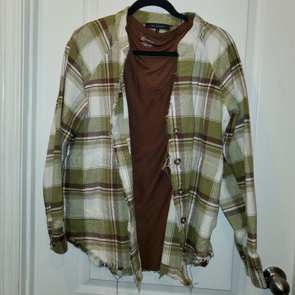 Blu Pepper Jackets & Blazers - Super Soft Frayed Distressed Flannel Shacket – Cream, Brown & Olive green L